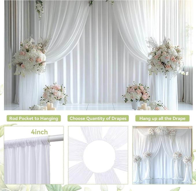 20ft×12ft White Backdrop Curtain for Wedding Parties, 4 Panels Wrinkle Free Polyester Photo Backdrop Drapes Back Drop Cloth for Independence Day Birthday Photography Background