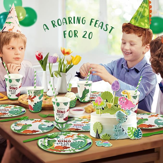 258 pcs Dinosaur Birthday Party Decorations For Boy,20 Tableware Sets,Fringe Curtains,20 Paper Plates, Paper Cups, Green Dinosaur Balloon Arch Kit