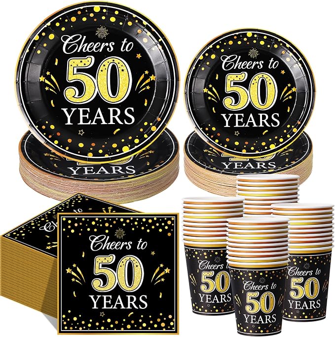 Pickmesh 250 Pcs 50th Birthday Party Supplies Decorations Serve 50 Black Gold Cheers to 50 Years Disposable Paper Plates Napkins and Cups for Women Men 50th Birthday Wedding Anniversary Party Supplies