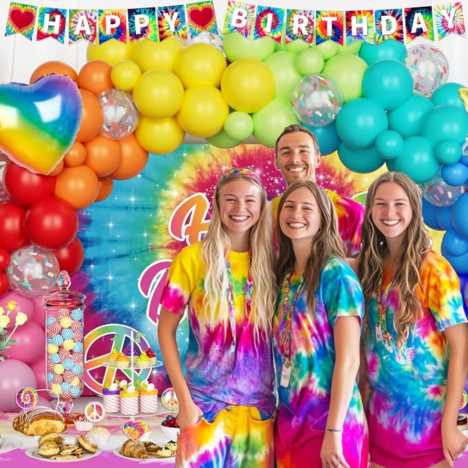 Tie Dye Birthday Party Decorations – 112PCs Rainbow Tie Dye Themed Party Supplies Set with Colorful Backdrop, Balloon Garland, Banner, Tablecloth, Cake Cupcake Topper