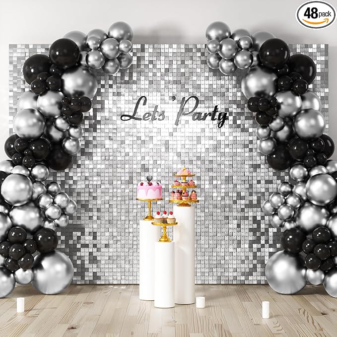 COKAOBE Silver Shimmer Wall Backdrop, 48PCS Square Sequin Shimmer Backdrop Panel, Photo Backdrops for Birthday, Anniversary, Wedding, Graduation & Bachelorette Party Decoration