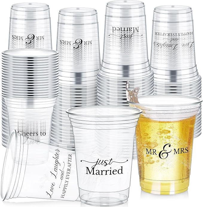 Jingmore 200 Pcs Wedding Plastic Cup 12 oz Wedding Disposable Cups for Reception Thick Clear Cup Happily Ever After Mr and Mrs Just Married Cups for Bridal Shower Decorations (White Floral)