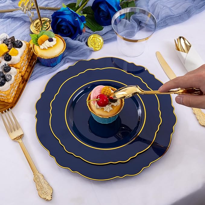Liacere 175PCS Navy Blue Plastic Plates-Disposable Blue Gold - 25guest Baroque Plastic Dinnerware include 50Plates,25Pack Pre Rolled Napkins with Silverware 25Cups for Party&Graduation & Memorial Day