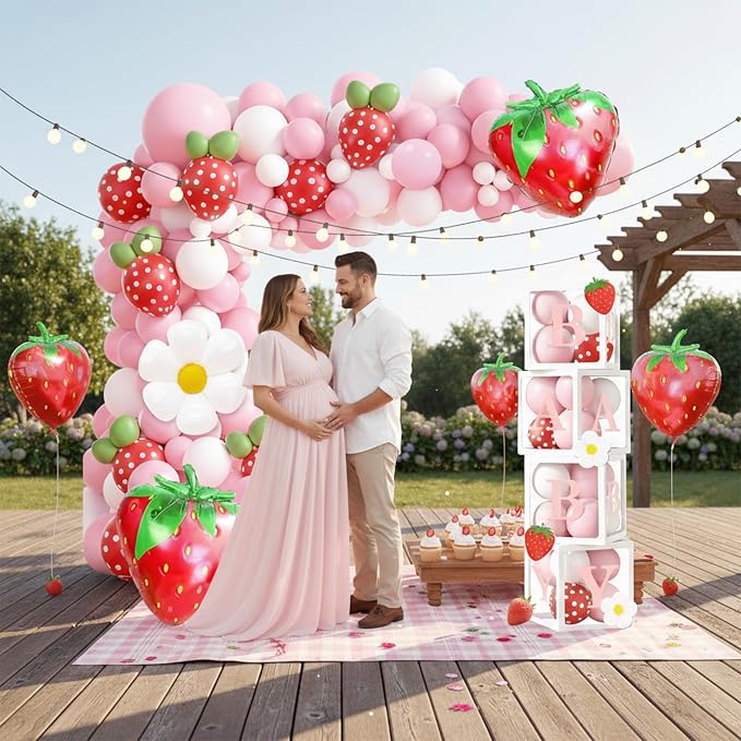 96Pcs Strawberry Baby Shower Decorations for Girl, Berry Sweet Theme Party Supplies with 4 Baby Boxes, 5x3ft Backdrop, Red Pink Balloon Garland Arch & Tablecloth for Summer Fruit Decor