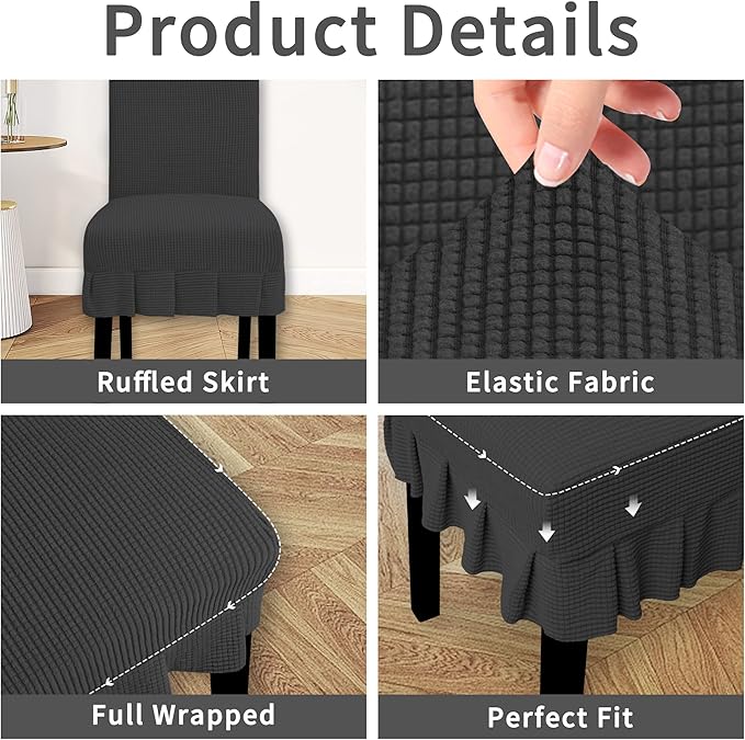 Easy-Going Dining Chair Covers Stretch Parsons Chair Slipcover with Skirt Chair Covers for Dining Room Restaurant Banquet (6 PCS, Dark Gray)