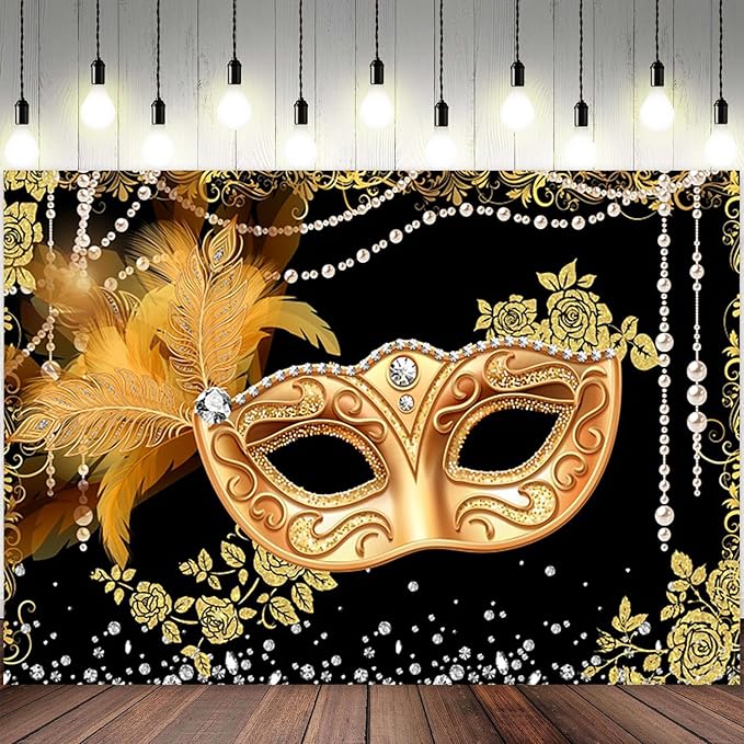 8x6ft Masquerade Backdrop Black Gold Masquerade Ball Decoration Mardi Gras Carnival Party Photography Background Birthday Banner Dress-up Prom Cake Smash Photo Booth Prop