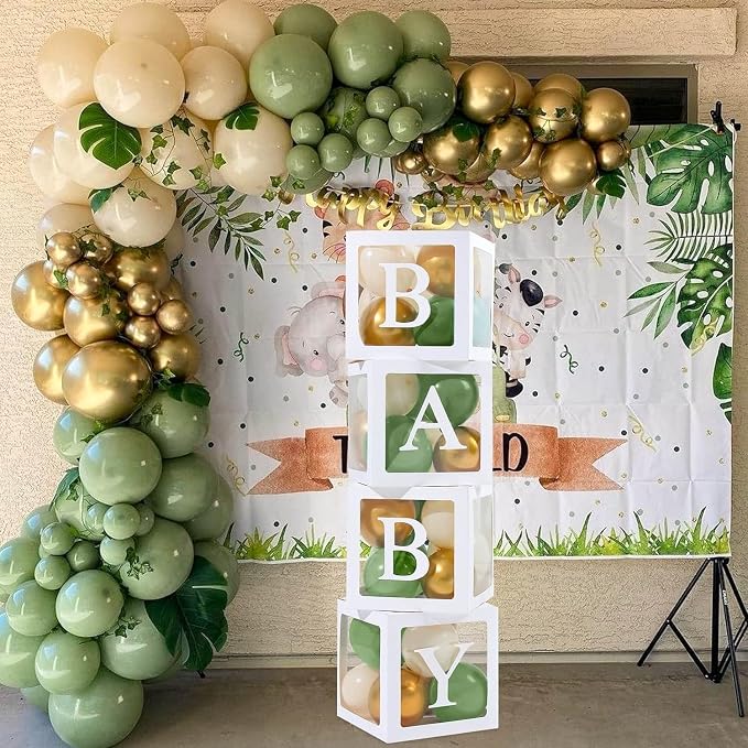 Sage Green Baby Shower Decorations Boy Girl - 4Pcs Baby Boxes with lettes and 112Pcs Green White Gold Balloons Arch Kit for Baby Shower Decorations, Dinosaur Jungle Safari Baptism Party Supplies