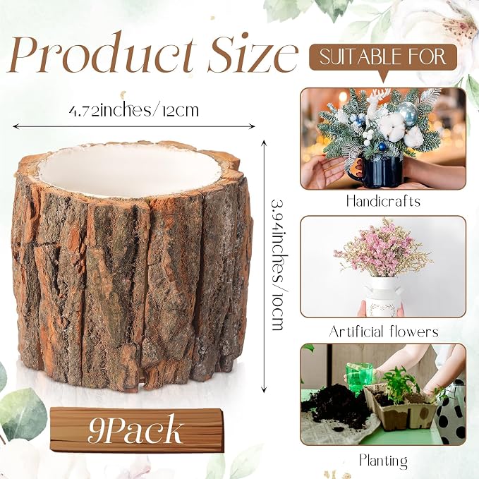 9 Pcs Wooden Vase for Centerpieces Wedding Flower Table Centerpieces Woodland Party Decor Rustic Farmhouse Bark Stump Buckets Vintage Planter Pots for Garden Baby Shower Window Home (Large)