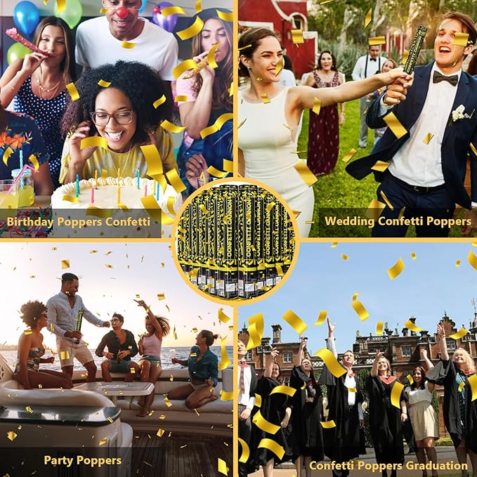 Confetti Cannon Gold Party Poppers 12 Pack Party Cannon Confetti Shooters for Celebrations Wedding Birthday Graduation Golden Foil 12 inch Confetti Poppers for Christmas New Year Eve Parties Supply