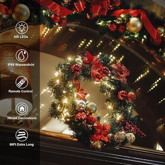 200LED 66ft Christmas String Lights Battery Wreath Lights for Classroom | Green Wire, Timer, 8 Lighting Modes,Waterproof,Fairy Lights for Bedroom Christmas Decor, Warm White