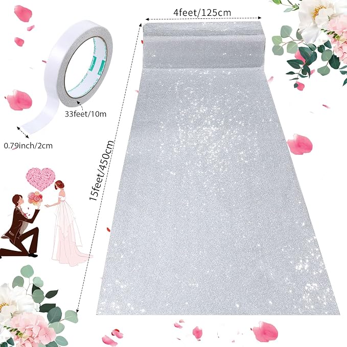 Shihanee Sequin Aisle Runner for Wedding Glitter Rug with Carpet Tape Sparkly Prom Outdoor Floor Birthday Carpet Runner for Ceremony Event Graduation Party(4 x 15 ft,Silver)