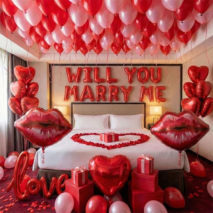 Will You Marry Me Decorations red Will You Marry Me Proposal red lips Foil Letter Balloon Heart Shaped Petal Balloon for Valentine's Day