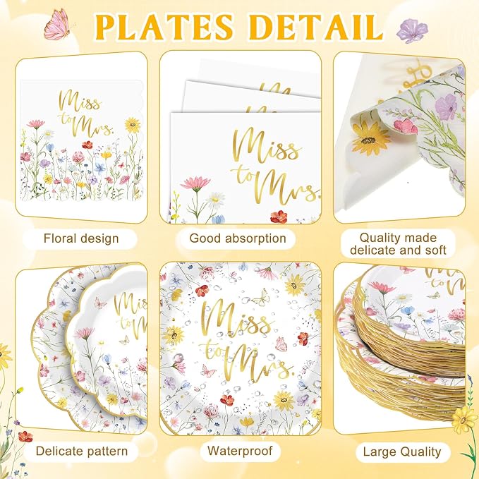Funnymoom 400 Pcs Wildflower Bridal Shower Party Supplies for 50 Guests Floral Miss to Mrs Paper Plates and Napkins Knives Spoon Fork Cup Disposable Dinner for Women Wedding Engagement Party Favor