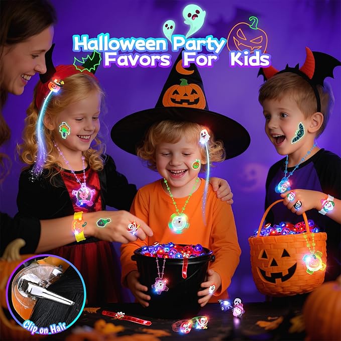 ShyLizard 100Pcs Halloween Party Favors for Kids-Halloween Glow in the Dark Party Supplies,Halloween Light Up Necklace Flash Rings,Non-Candy Trick or Treat Goodie Bag Fillers,Classroom Favors Gifts
