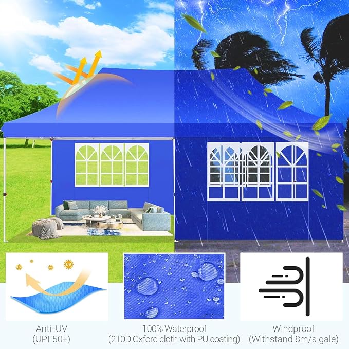 COBIZI Canopy 10x20 Pop Up Canopy Tent with Sidewalls, Waterproof Commercial Canopy Ez Outdoor Instant Gazebo UV Protection 50+ Event Shelter, Garden Tents for Parties with Sandbags, Ocean Blue