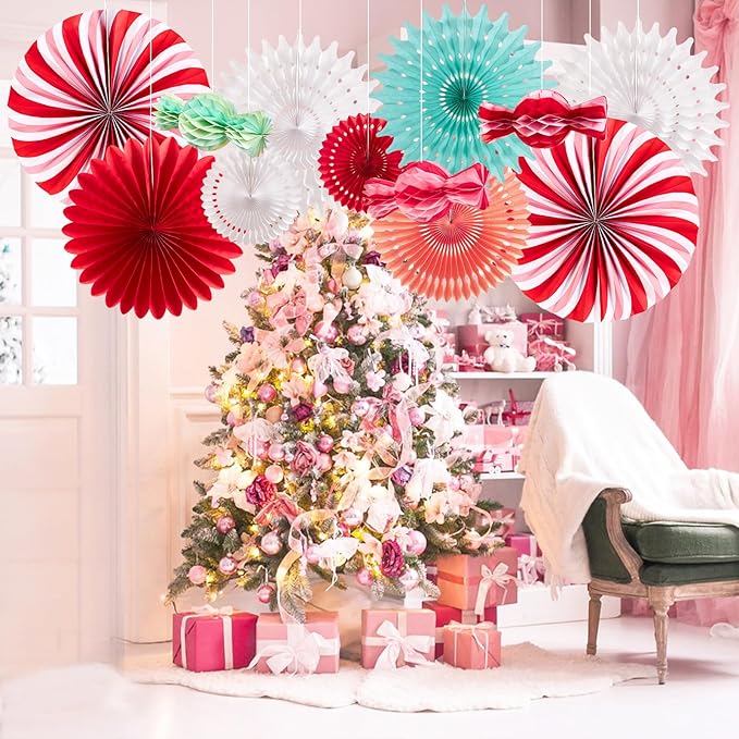 PAPER JAZZ 12pcs Candy Paper Fans Christmas Decoration,Candy Honeycomb Christmas Decorations,White and Red Xmas Decoration Wall/Ceiling for Classroom,Bulletin Board,Winterwonderland,Office Decor.