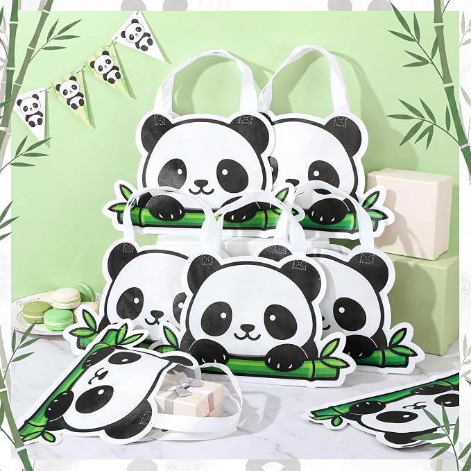 Locmeo 24 Pcs Panda Party Favors Bags 14 Inch Panda Birthday Gift Bags Bulk Nonwoven Reusable Tote Bag with Handle for Goodie Snack Treat Pandas Party Supplies Birthday Gift Decoration