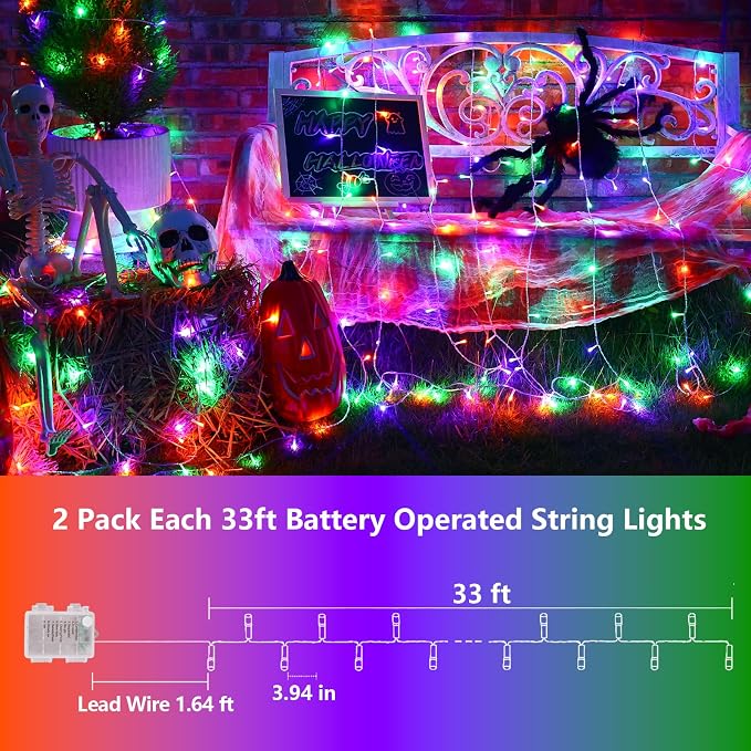 YEGUO Battery Operated Halloween Lights, 2 Pack Each 33ft 100 LED Orange Purple and Green String Lights Outdoor Waterproof, 8 Modes Clear Wire Christmas Twinkle Lights Indoor with Remote