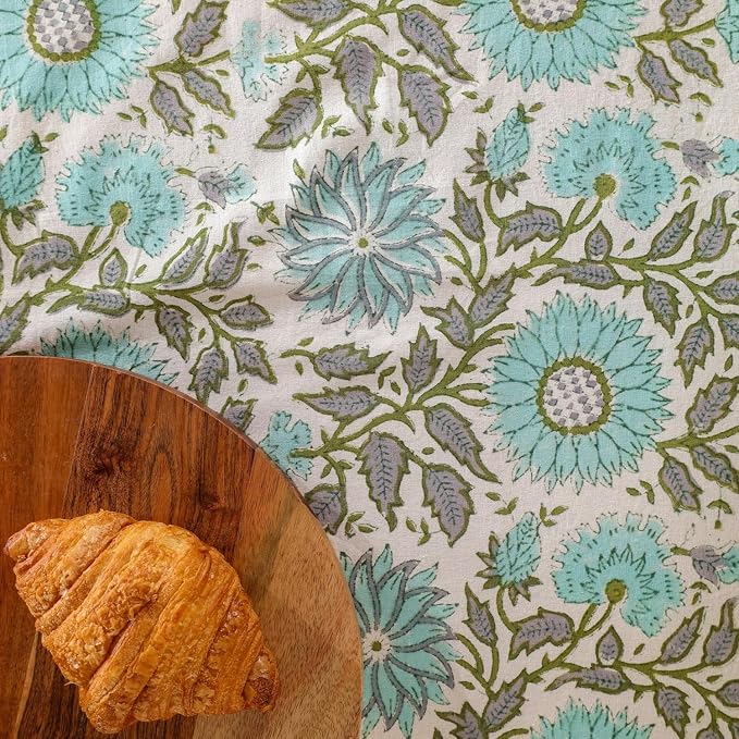 Hand Block Printed Tablecloth, Colorful Floral Print, Indian Artisan Handmade Art, Dining Room, Kitchen, Outdoor Décor, (Flamingo Bloom, 12 Seater 72 x 135 Inches Rectangle)