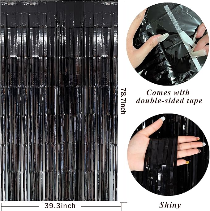 Black Party Streamers Foil Fringe Backdrop Curtains Tinsel Streamers Birthday Party Decorations Fringe Backdrop for Birthday Party Graduation Bridal Shower