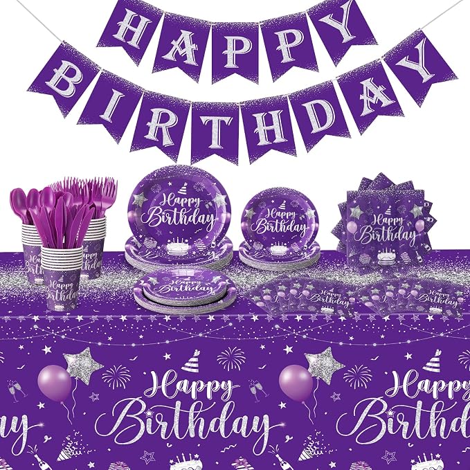 Vesici 171 Pcs Happy Birthday Party Supplies 24 Set Disposable Party Tableware include Plates Cups Napkins Cutlery and Banner Tablecloth Birthday Dinner Decorations for Men Woman(Purple, Silver)