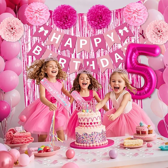 5th Birthday Decorations Girl, Pink Party Decorations with Number 5 Balloon Happy Birthday Banner Bday Sash Crown Tablecloth Fringe Curtain Hanging Swirl for 5 Year Old Girl Bday Decor