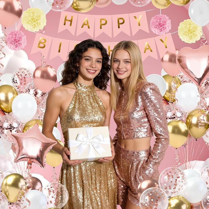 Rose Gold Happy Birthday Party Decorations, Happy Birthday Banner, Rose Gold Heart Star Foil Confetti Balloons and Pink Balloons Party Decorations Kit for Girls Women Princess
