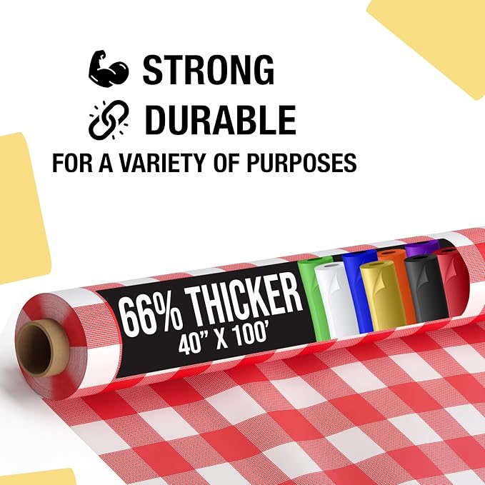 Party Solids 66% Thicker Premium Red Gingham Plastic Table Cover Roll 40" X 100' Table Cloth Plastic Cover Roll Quality Thick Banquet Rolls Disposable Tablecloth Rolls Strong American Based Company
