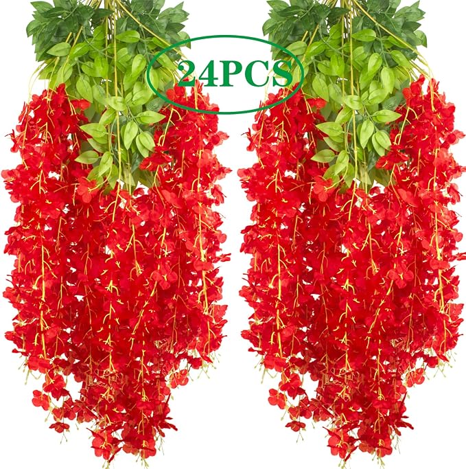 AITISOR 24 Pack Artificial Fake Wisteria Vine Ratta (3.75 Feet) Hanging Garland Silk Flowers String Home Party Wedding Decor (Red)