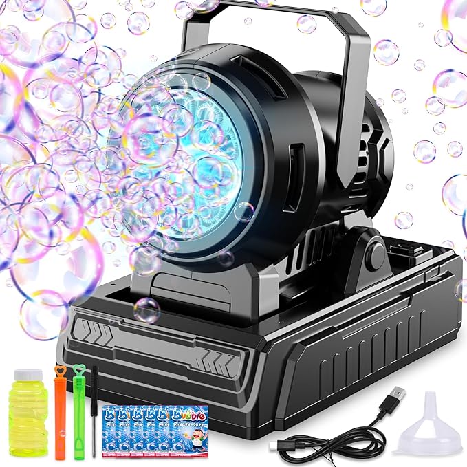 SHCKE Automatic Bubble Machine 10 Holes Bubble Blower,45° Adjustable,Dual Power USB-C or 4 AA Batteries,Top-Fill Portable Bubble Maker for Outdoor Birthday Party Pool Wedding Camping