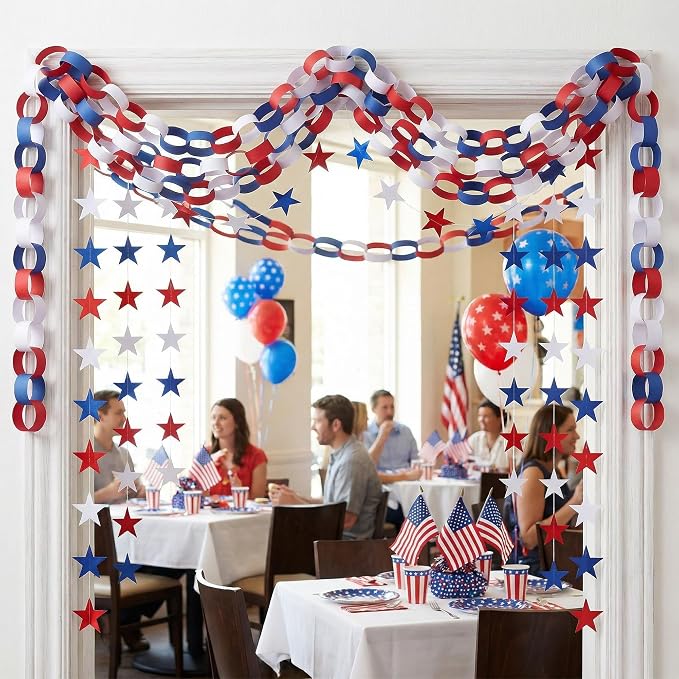 700 Sheet 4th of July Paper Chain Strips Set, 52 ft Red White Blue Star Garland Decor, 492 ft Patriotic Crepe Paper Streamers for DIY Crafts Memorial Day American Theme Party