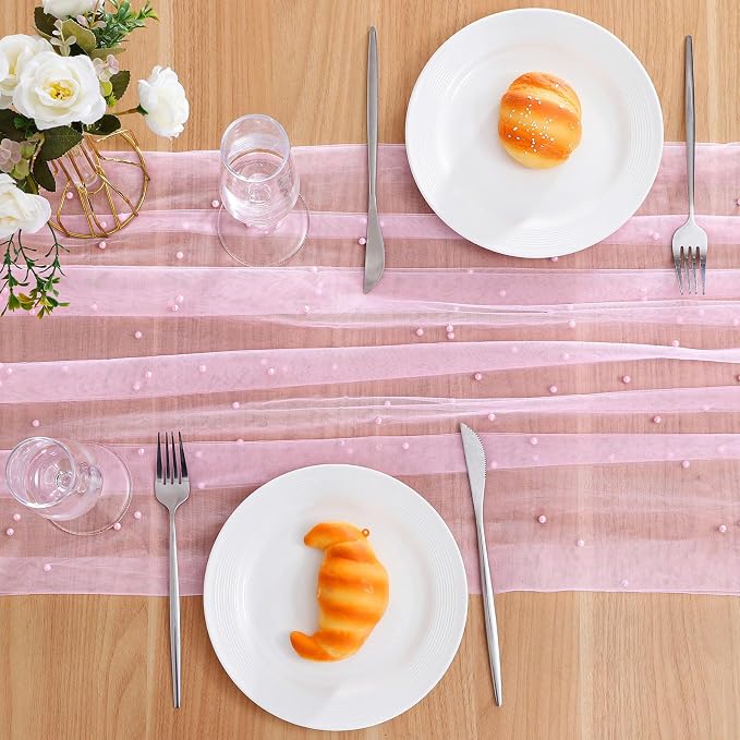 BINBE 4pcs Pearl Table Runner Spring Summer Rustic Boho 10ft Tulle Table Runner for Baby Shower Wedding Veil Holiday Dessert Table Decor Pink