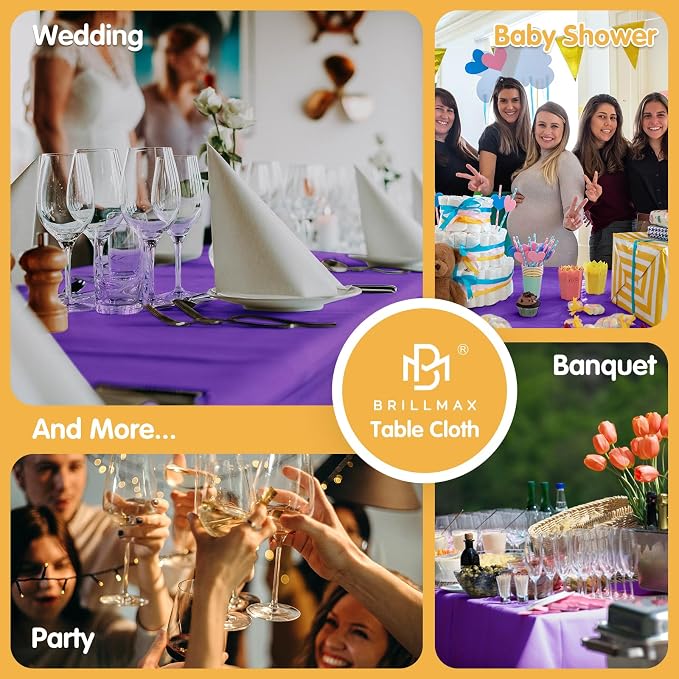 BRILLMAX 6 Pack Purple Tablecloths 60 x 126 Inch for 8ft Rectangle Tables - 150 GSM Polyester Fabric, 15" Standard Drop, Water, Stain & Wrinkle Resistant Cloth Cover for Wedding Dining Buffet