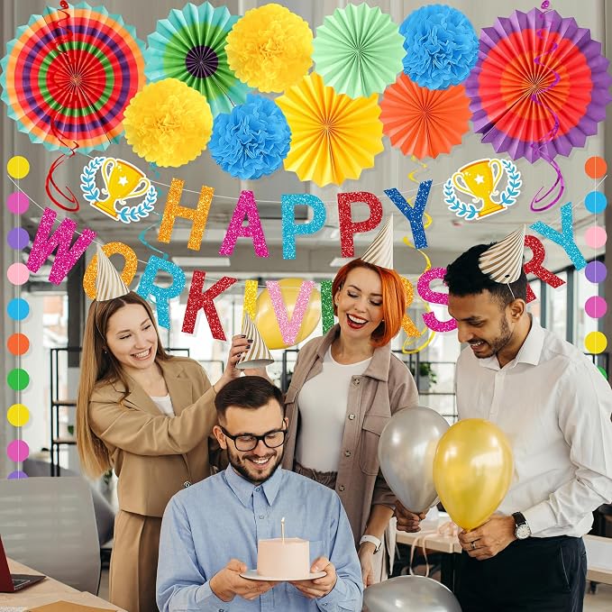 Roetyce Work Anniversary Party Decorations Women Men, Colorful Happy Workiversary Banner Paper Fans, Happy Work Anniversary Photo Backdrop Background for Employee Coworker Office Party Supplies