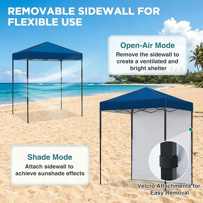 EAGLE PEAK 6x4 Instant Pop Up Canopy Tent with 1 Side Wall Panel, Straight Leg Sun Shelter, Portable Canopy with Carry Bag for Camping, Beach & Sports, Dark Blue