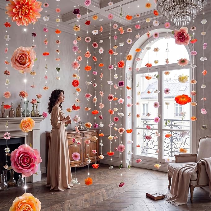 Suncalla 6 Pack 35.4ft Fake Flower Garland Backdrop with LED Lights Hanging Wildflower Floral Vine Decorations for Wedding Bridal Shower Birthday Baby Shower Party Backdrop(Bright,Multicolor)