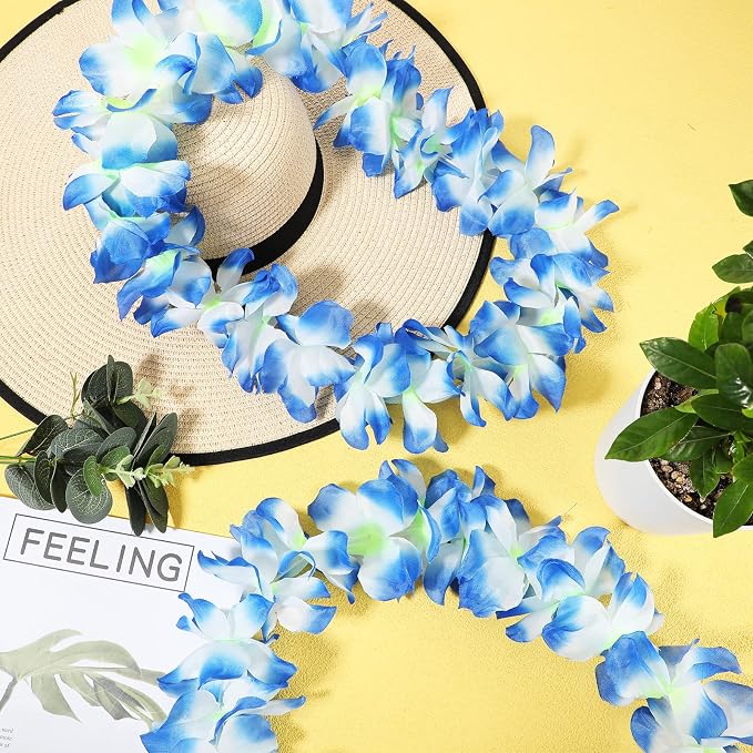 Sherr 48 Pcs LED Hawaiian Leis Light up Flower Leis Necklace with LED Lights Luau Flowers Necklaces for Masquerade Beach Wedding Tropical Themed Party Supplies(Blue)