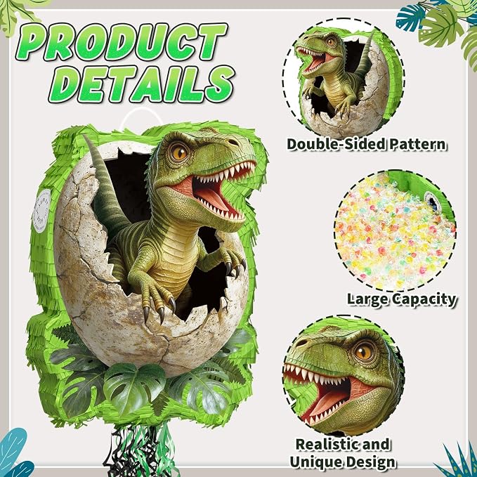 WERNNSAI Dinosaur Egg Piñata - Trex Piñata with Blindfold and Bat for Boys Kids Dinosaur Birthday Party Supplies Realistic Green Rex Dino Jungle Party Decoration