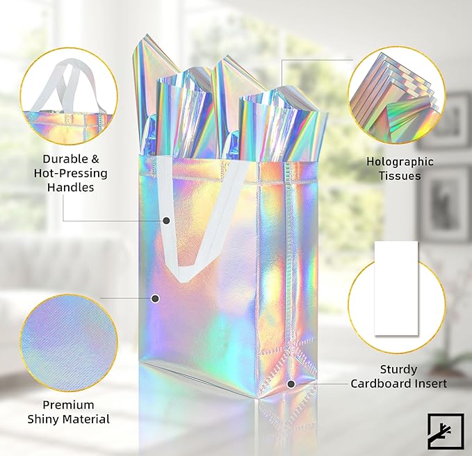 ZIFTY 15PCS Iridescent Gift Bags with Handles, Reusable Non-woven Goodie Christmas Gift Bags Bulk with Tissue Papers for Birthday, Wedding, Easter, Holiday Party，Party Favor Bags
