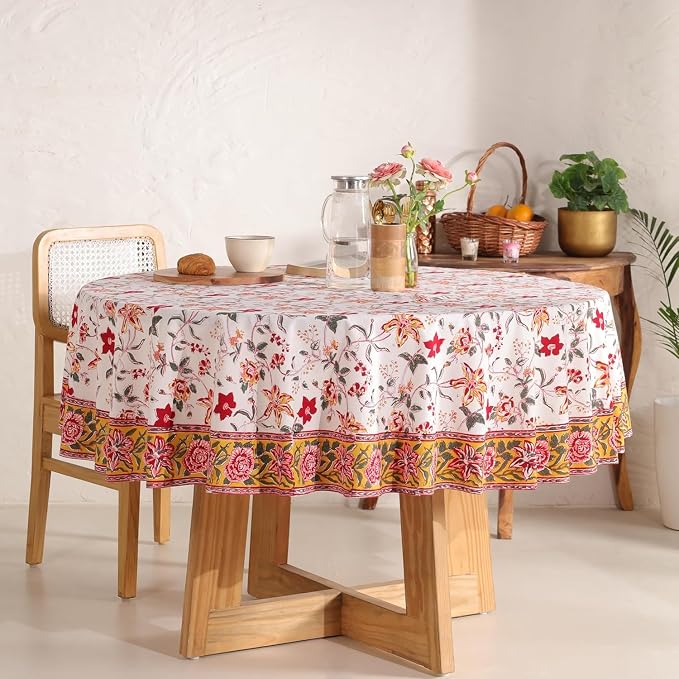 Hand Block Printed Tablecloth – Colorful Floral Print | 100% Cotton | Indian Artisan Handmade Art | Dining Room, Kitchen, Outdoor Décor, (Ruby Rose Charm, 6 Seater 72 Inches Round)