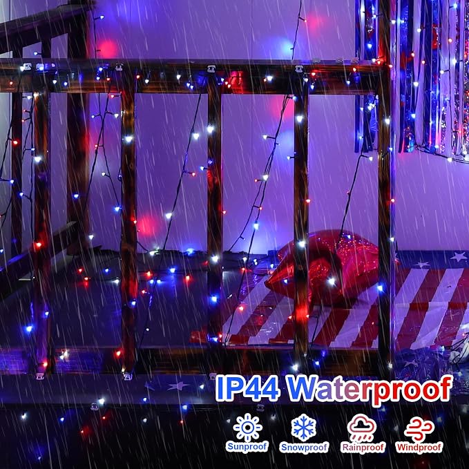 QITONG Red White and Blue Solar String Lights, 2 Pack Each 33ft 100 LED 4th of July Lights Outdoor Waterproof, 8 Modes Green Wire Solar Patriotic Lights for Independence Memorial Day