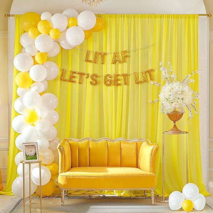 30ft x 10ft Yellow Backdrop Curtain Drapes, Wrinkle-Free Sheer Chiffon Fabric Photo Backgroud Panels for Wedding Arch Party Ceremony Stage Photography Decoration