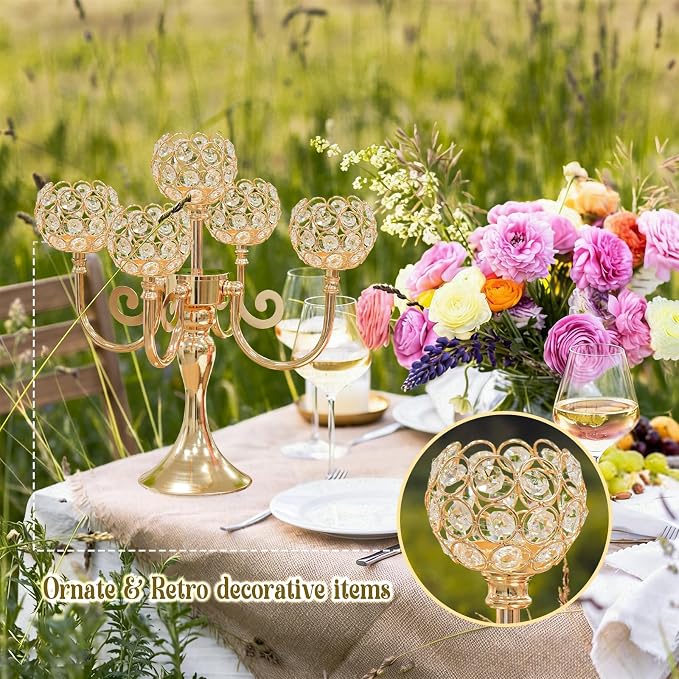 5 Arm Metal Crystal Candelabra Centerpiece - 13.4 Inch Elegant Candle Holder with Crystal Beads for Wedding Party Christmas Home Dining Table Decoration (4, Gold)