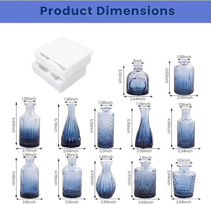 Mini Bud Vases Centerpieces for Tables,Clear Bud Vases for Flowers,Small Flower Vases Suitable for Birthday Party,Anniversary,Wedding Reception,Baby Shower (GradBlue, 12PCS)