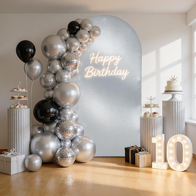 Silver Shimmer Arch Backdrop Cover 6.6FT with Zipper,Thick Soft Stretchy Sequin Glitter Spandex Fitted Chiara Cover for Wedding Birthday Baby Shower Graduation Party Photo Backdrop