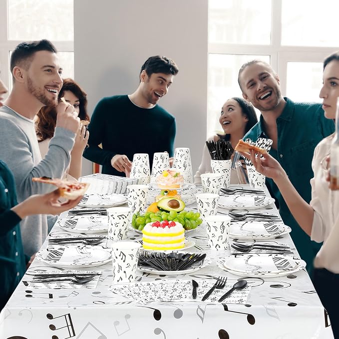 Potchen 452 Pcs Party Supplies Serve 50 Guests, Paper Plates Napkins Cups Cutlery Plastic Tablecloth Dinnerware for Birthday Wedding Party Decoration (White Black, Music Notes)