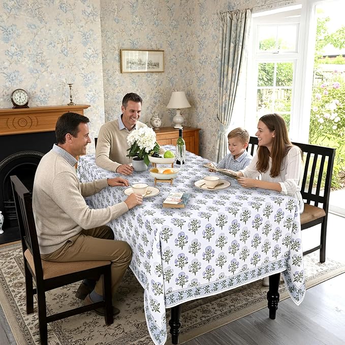 Ridhi Mughal Buta Blue Hand Block Print Cotton Rectangle Tablecloth 102" x 48" inches Reusable Table Cover Decorative Everyday Use for Dining Room, Farmhouse, Home Gift for Spring, Mother's Day