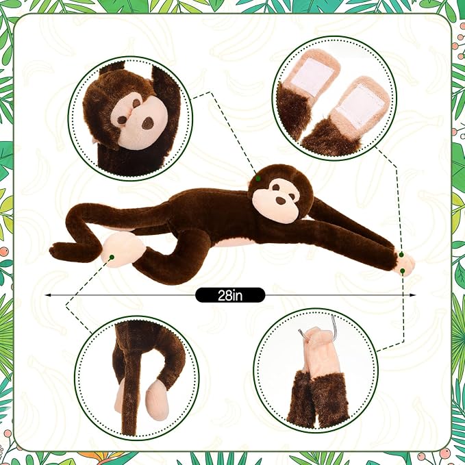 Hungdao 2 Packs Hanging Monkey Stuffed Jungle Animal Toy with Hook and Loop Jungle Party Hanging Plush Monkey for VBS Sunday School Classroom Party Decorations (28 Inch,Dark Brown)