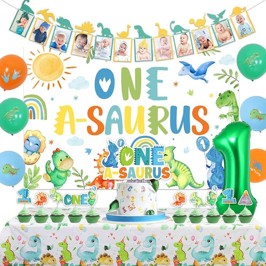 One a Saurus Birthday Decorations for Boys Dinosaur 1st Birthday Decoration with Dinosaur Birthday Photo Banner One a Saurus Birthday Backdrop, Cake Cupcake Toppers Dinosaur Bday Tablecloth