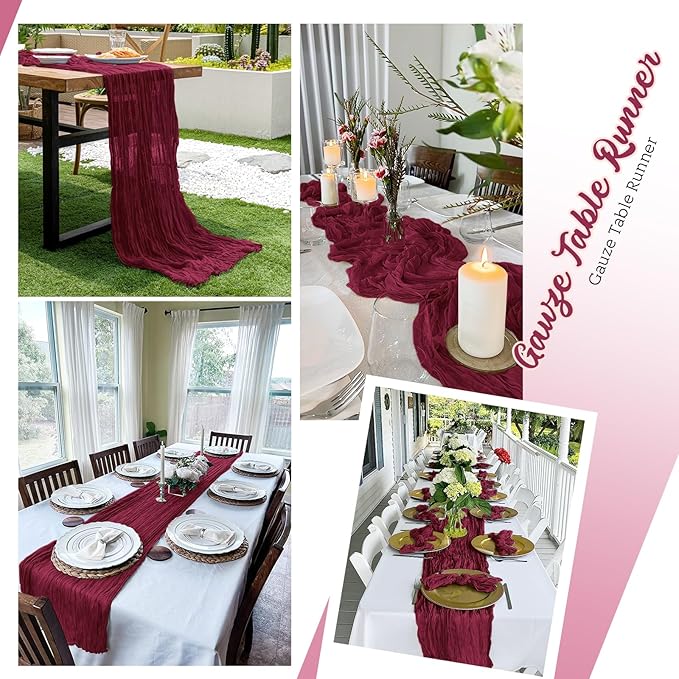 8 Pack Burgundy Cheesecloth Table Runners 20x120 Inch Gauze Table Runner 10FT Easter Cheese Cloth Table Runner Rustic Sheer Runner for Wedding Baby Shower Birthday Party Table Decor